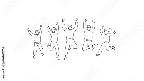Continuous one line drawing of jumping  team members Transparent background png file