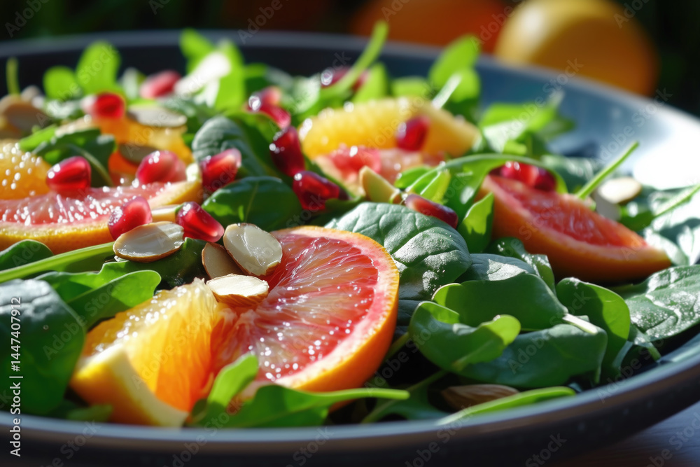 Colorful salad featuring spinach, citrus fruits, and pomegranate