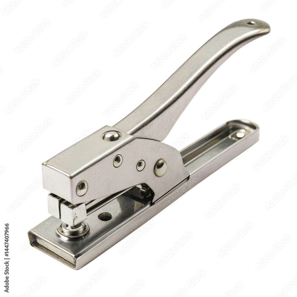Metal hole punch with a sleek design on a black background. Metal hole punch with a sleek design on a black background.