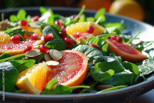 Obraz na płótnie Colorful salad featuring spinach, citrus fruits, and pomegranate w salonie
