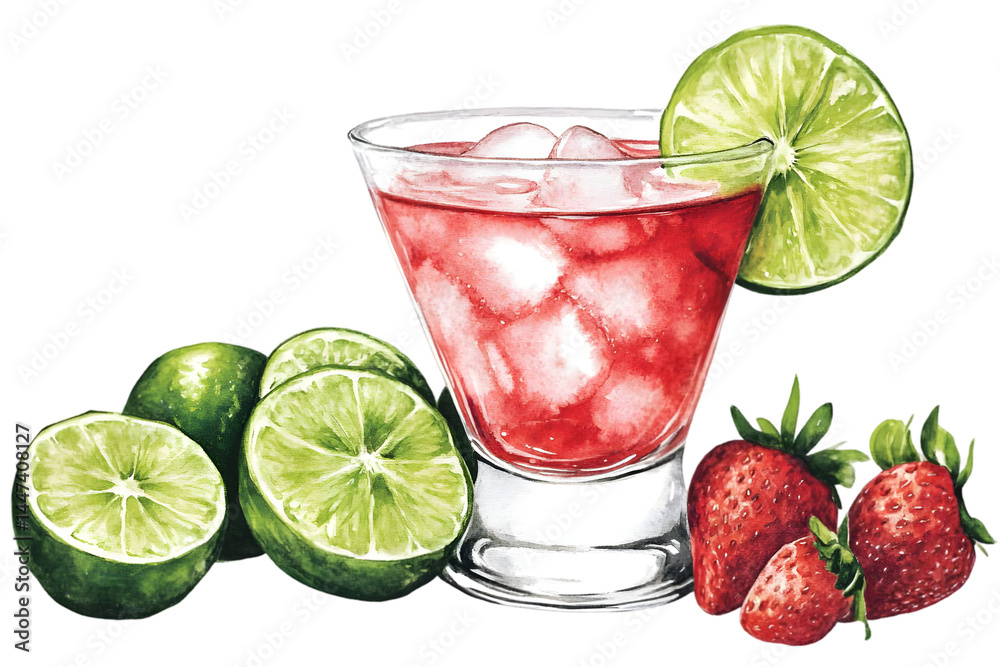 Watercolor Illustration Of Red Cocktail With Lime And Strawberries Isolated Background Watercolor Illustration Of Red Cocktail With Lime And Strawberries Isolated Background