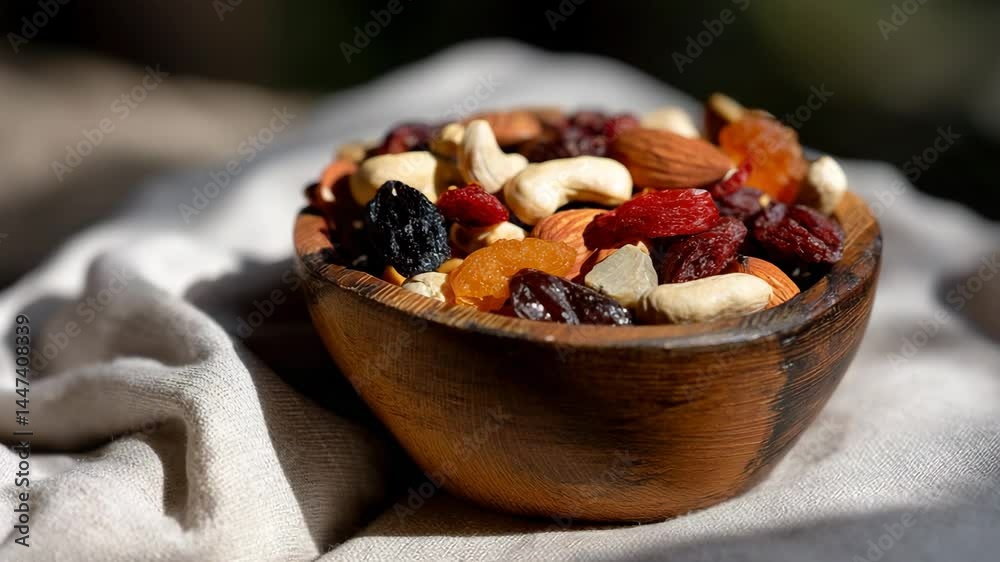 A beautifully arranged bowl filled with a variety of nuts and dried fruits, showcasing vibrant colors and textures, perfect for healthy snacking or decorative purposes.