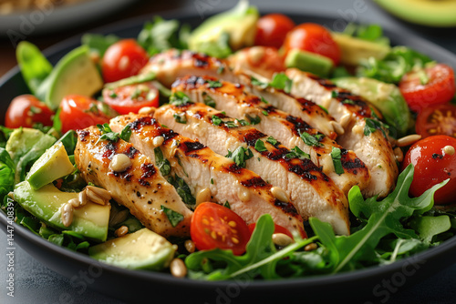 Grilled chicken salad with fresh vegetables and herbs