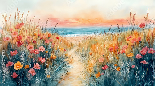 Pastel-colored beach path lined with wildflowers leading to a serene ocean at sunset