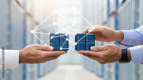 Two hands exchanging cubes, symbolizing collaboration and innovation in a tech-oriented environment.