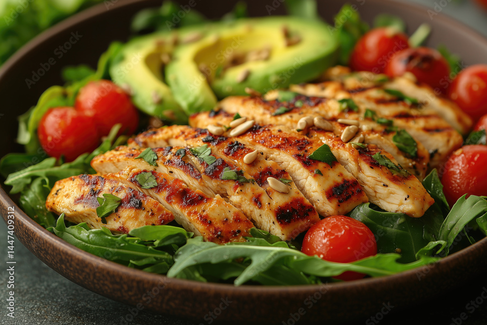 Grilled chicken salad with fresh vegetables and herbs