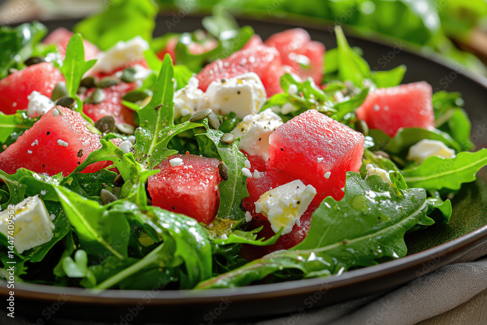 watermelon salad prepared with arugula and feta cheese