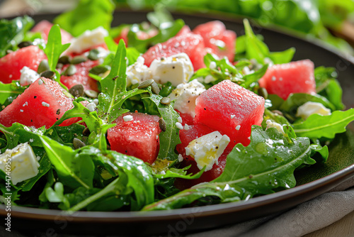 Obraz na płótnie watermelon salad prepared with arugula and feta cheese w salonie