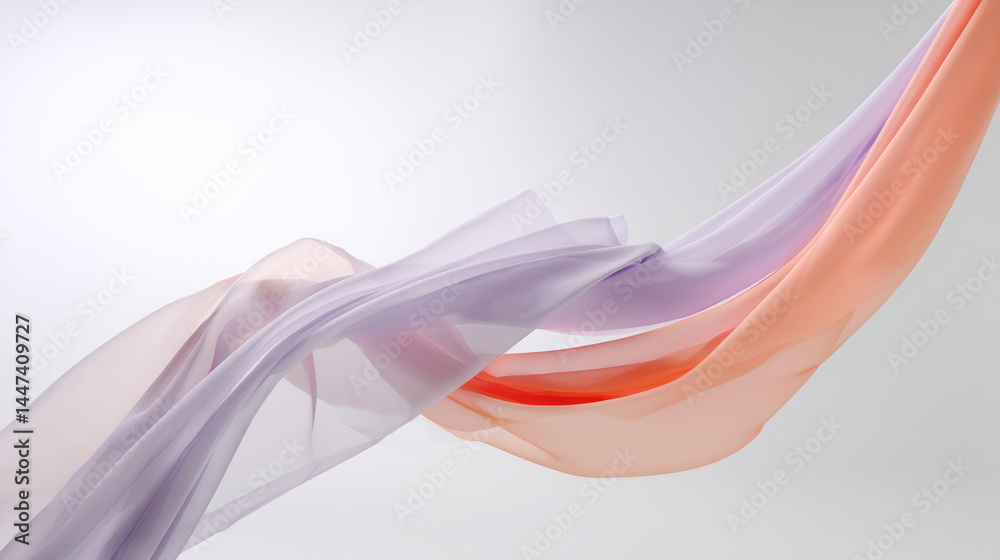 Fototapeta premium Soft, flowing fabric in a gradient of peach, coral, and lavender, draping elegantly
