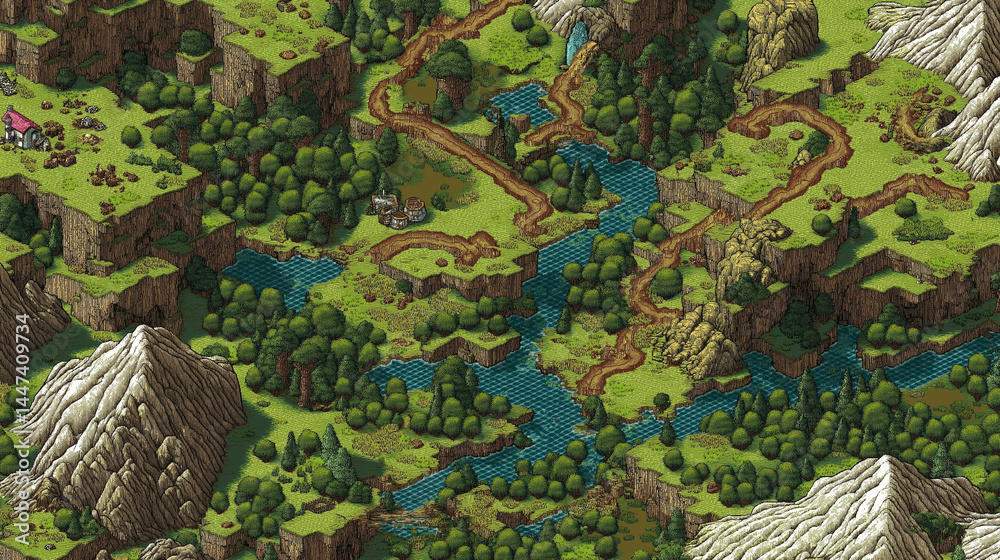 Fototapeta premium レトロ風ドット絵で描かれたファンタジー世界の地図(ゲーム・教育・デジタル)