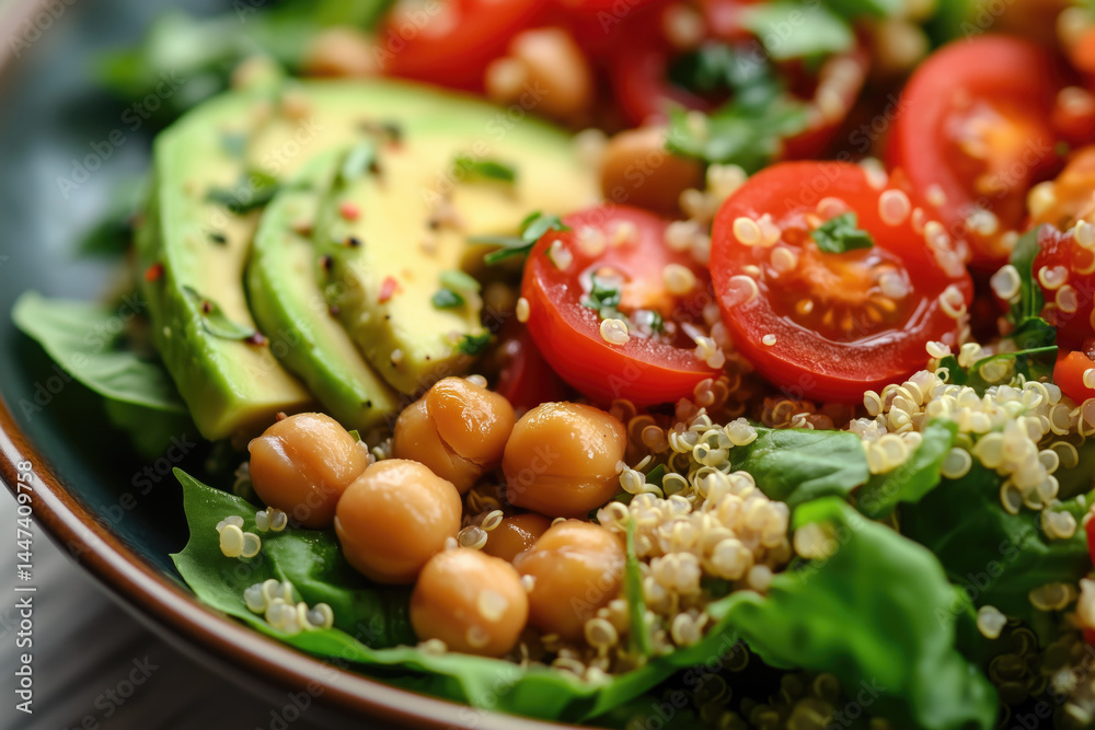 Fresh quinoa salad with chickpeas, avocado, and cherry tomatoes