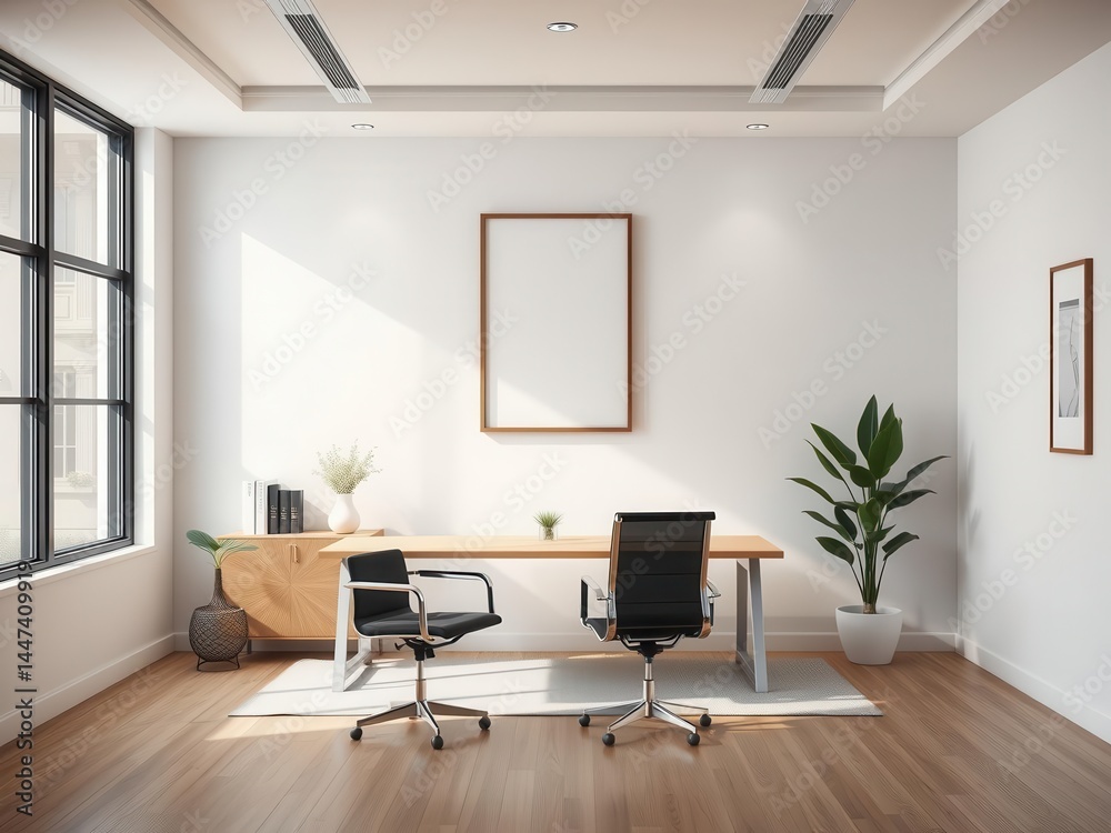 Modern office workspace with a clean design featuring a mockup of wall art, office, workspace, corporate Modern office workspace with a clean design featuring a mockup of wall art, office, workspace, corporate