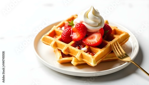 panoramic shot of waffles and golden cutlery isolated on white