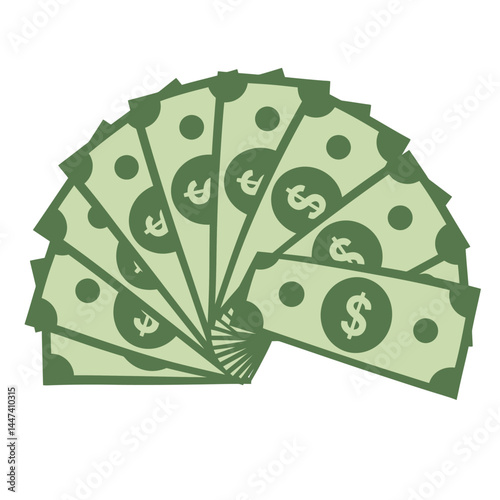 Money banknotes fan. Pile of dollars cash, green dollar bills heap capital, geld or paper monetary currency wage, bill banknote piles for investment or payment isolated  illustration