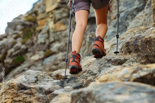 Mountain Climb. Female Hiker Preparing for Extreme Rocky Sport Climb