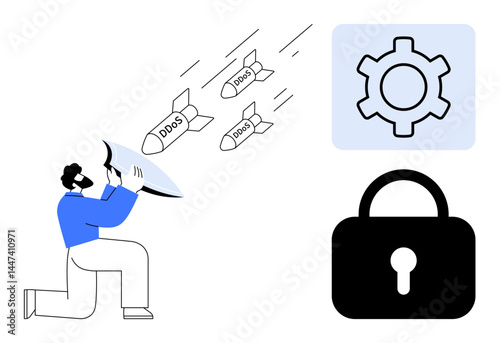 Man using shield to block incoming DDoS attacks as missiles, security lock icon, and gear. Ideal for cybersecurity, online protection, DDoS defense, data safety, IT management, system stability