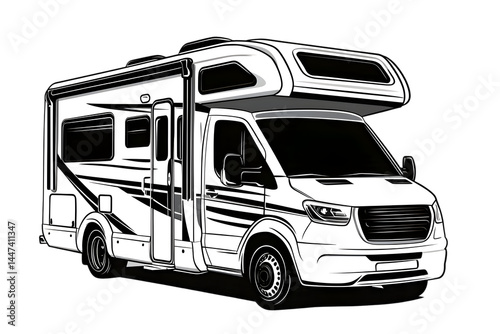 White Campervan Illustration, Line Art Drawing, Vehicle Transportation, Tourism