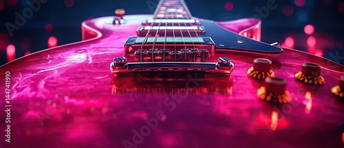 Close-up of a vibrant pink electric guitar with strings and knobs, with blurred bokeh in the background