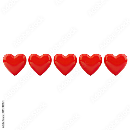 Five Red Hearts in a Horizontal Line Transparent Background