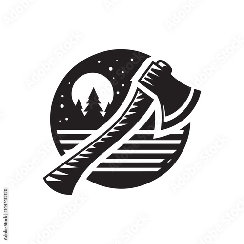 Stylized black and white icon of an axe with sun, lake and forest imagery. Axe logo design, silhouette icon, vector art illustration, design template	