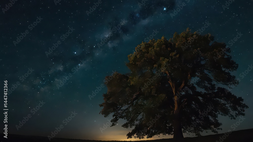 Naklejka premium Tree silhouette under starry night sky with faint horizon light
