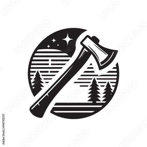 Stylized black and white icon of an axe with sun and forest imagery. Axe logo design, silhouette icon, vector art illustration, rounded logo design template