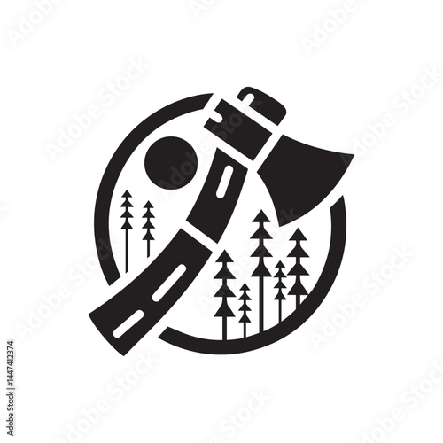 Stylized black and white icon of an axe with sun and forest imagery. Axe logo design, silhouette icon, vector art illustration, design template