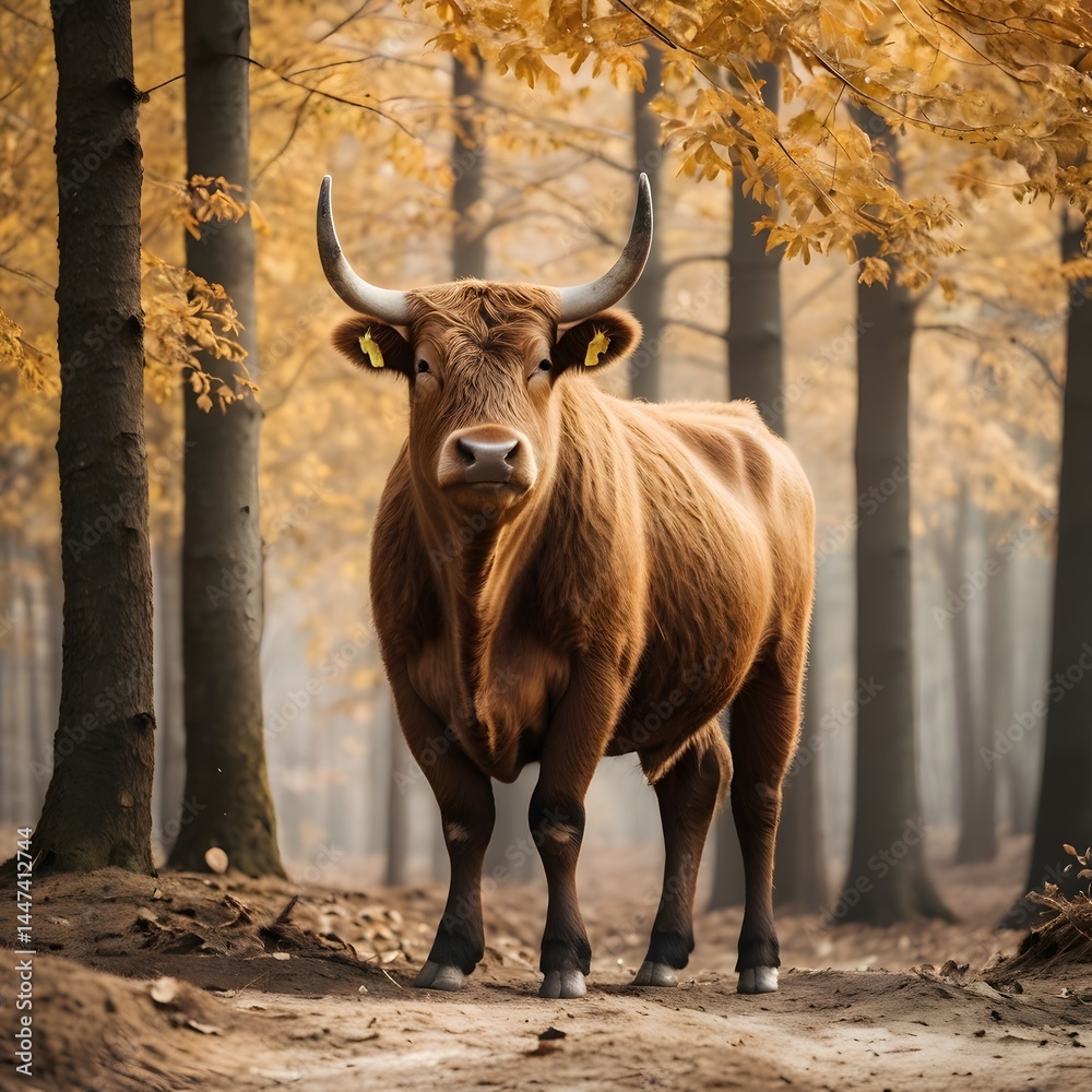 Potrait of huge Ox stranded in the fall forest AI Generated Image Potrait of huge Ox stranded in the fall forest AI Generated Image