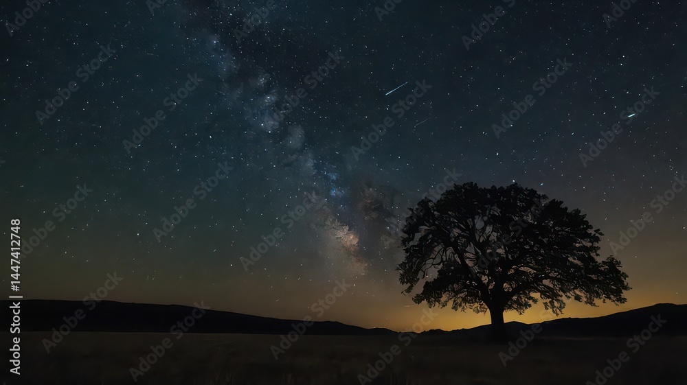 Tree silhouette under starry night sky with faint horizon light Tree silhouette under starry night sky with faint horizon light