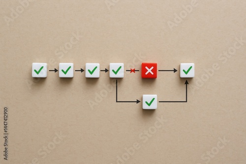 Process Flowchart Cubes Green Checkmarks Red Cross Symbol Workflow Diagram Business Strategy Planning Project Management Success Failure Risk Assessment Correct Incorrect Decision Making Steps        