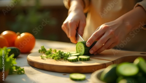 Wallpaper Mural partial view of woman chopping cucumber on wooden white table, panoramic shot Torontodigital.ca