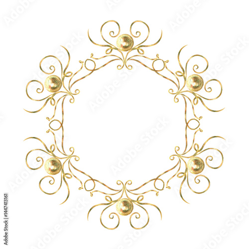 Gold curls frame, wreath, garland from ribbons and balls. Hand-painted in watercolor with gold paint accents. Isolate frame for decorating and designing textiles, interior, wallpaper, prints
