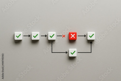 Process Workflow Diagram Showing Success Failure Steps Red Cross Green Checkmarks White Cubes Minimalist Business Strategy Planning Project Management Chart Graphic Design Illustration goal path error
