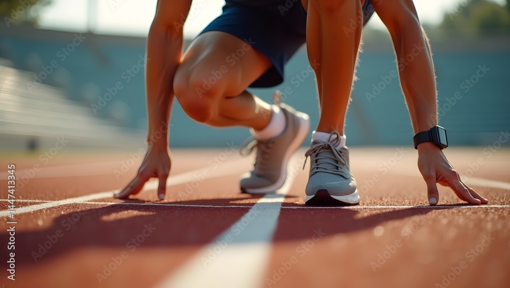 Close-up of a male athlete crouched at the starting line on a red running track Close-up of a male athlete crouched at the starting line on a red running track