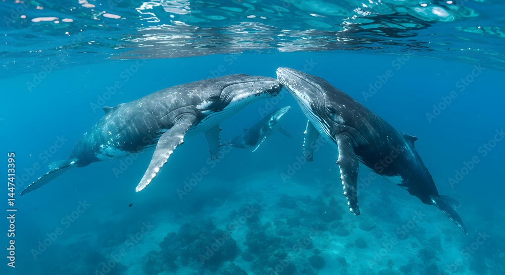 Fototapeta premium Underwater Encounter: Humpback Whales' Gentle Embrace