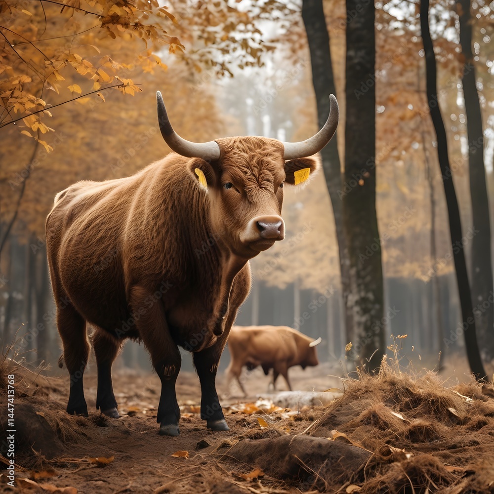 Potrait of huge Ox standing in the fall forest AI Generated Image Potrait of huge Ox standing in the fall forest AI Generated Image