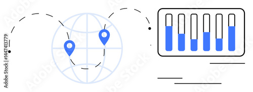 Globe with location markers linked by dashed lines and bar chart with data. Ideal for global business, analytics, data integration, technology, logistics, strategy, simple landing page