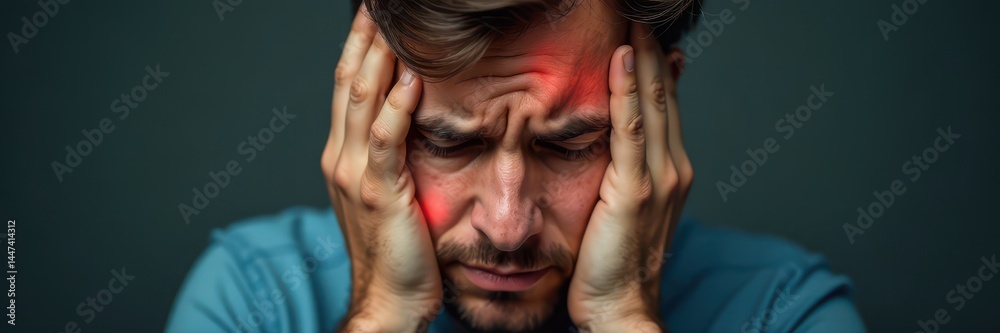 Fototapeta premium Head in hands, pained expression, stressed features, frustration, upset