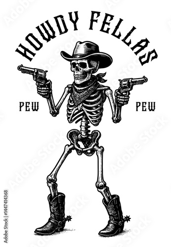 Cowboy Skeleton with 2 pistols, HOWDY FELLAS