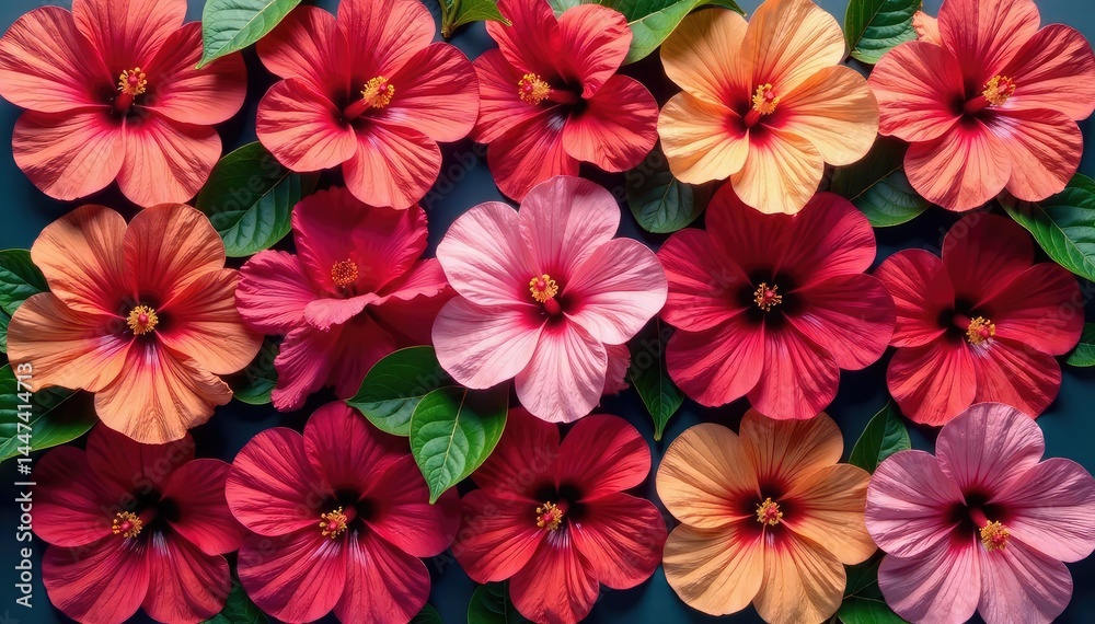 Bold hibiscus blossoms arranged in a square grid , abstract, print Bold hibiscus blossoms arranged in a square grid , abstract, print