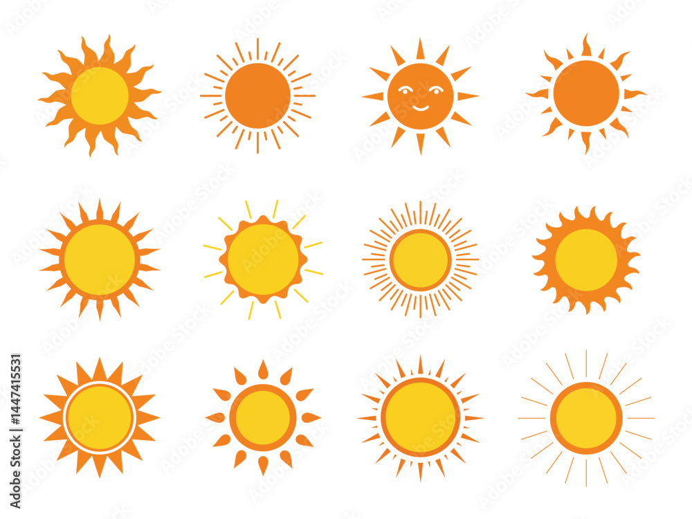 Sun vector icons, Summer and sunlight illustration set, Downloadable graphics for design and weather apps Sun vector icons, Summer and sunlight illustration set, Downloadable graphics for design and weather apps