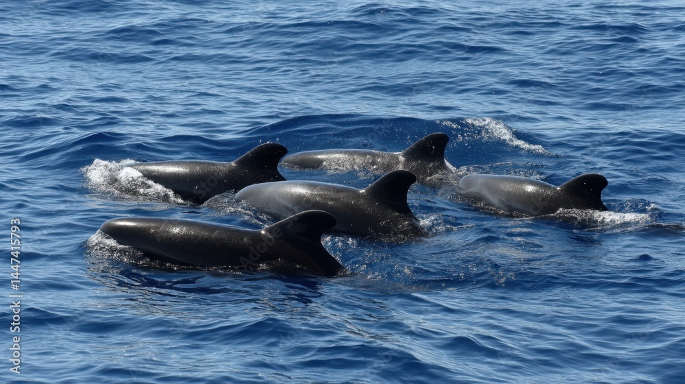 Fototapeta premium Pod of Pilot Whales Swimming in the Open Ocean