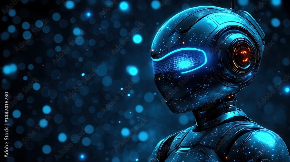 A metallic android with blue glowing lights amidst sparkling particles and smooth textures A metallic android with blue glowing lights amidst sparkling particles and smooth textures