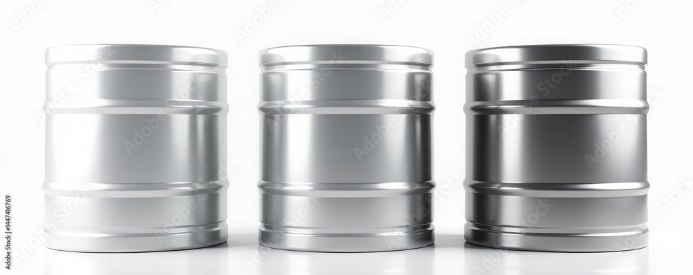 Obraz premium Sleek metal beer kegs, pristine white backdrop, round, silver, full