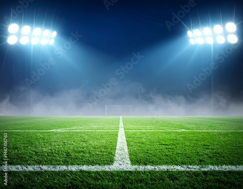 stadium, soccer, sports, field, lights, spotlight, fog, textured, game, night, grass, football, match, arena, competition, turf, crowd, illumination, glow, mist, play, atmosphere, energy, excitement, 