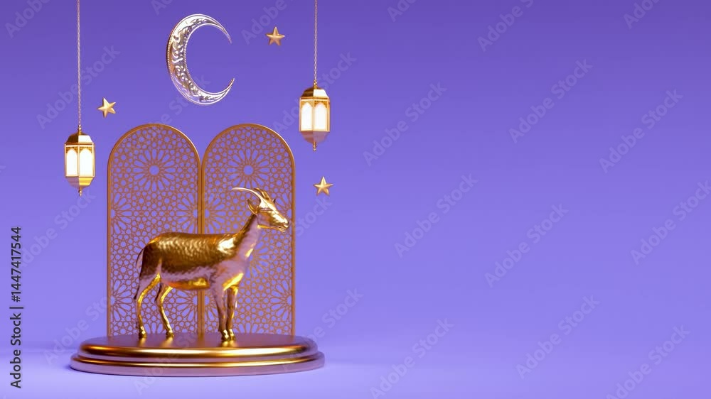 Eid Al Adha Mubarak greeting video loop. Islamic theme background with golden goat, moon, ornamental elements and copy space in 3D animation for muslim festival celebration