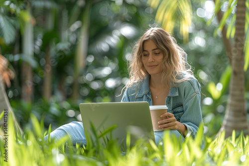 CHARMING content and joyful freelancer woman, with charming refreshing paper cup in hand, finds solace in embrace of nature as she sits on lush green grass, accompanied by her trusty laptop    
