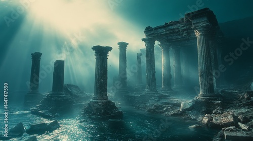 Sunlit underwater ruins of a submerged ancient city. photo