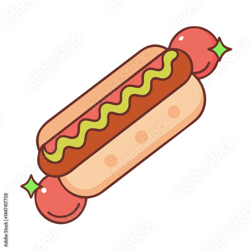 Delicious hotdog with tomatoes food illustration vector graphic fast food hot dog sausage bun mustard