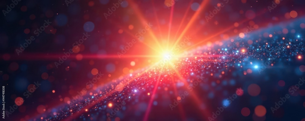Naklejka premium Abstract sunburst, rainbow lens flare, digital gleam , rainbow, vibrant, hexagonal